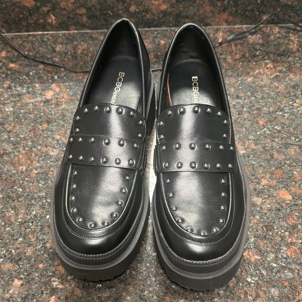 BCBG Black Leather Studded Loafers